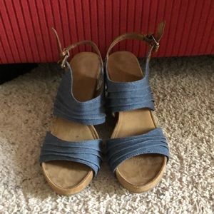 Denim open toed wedges